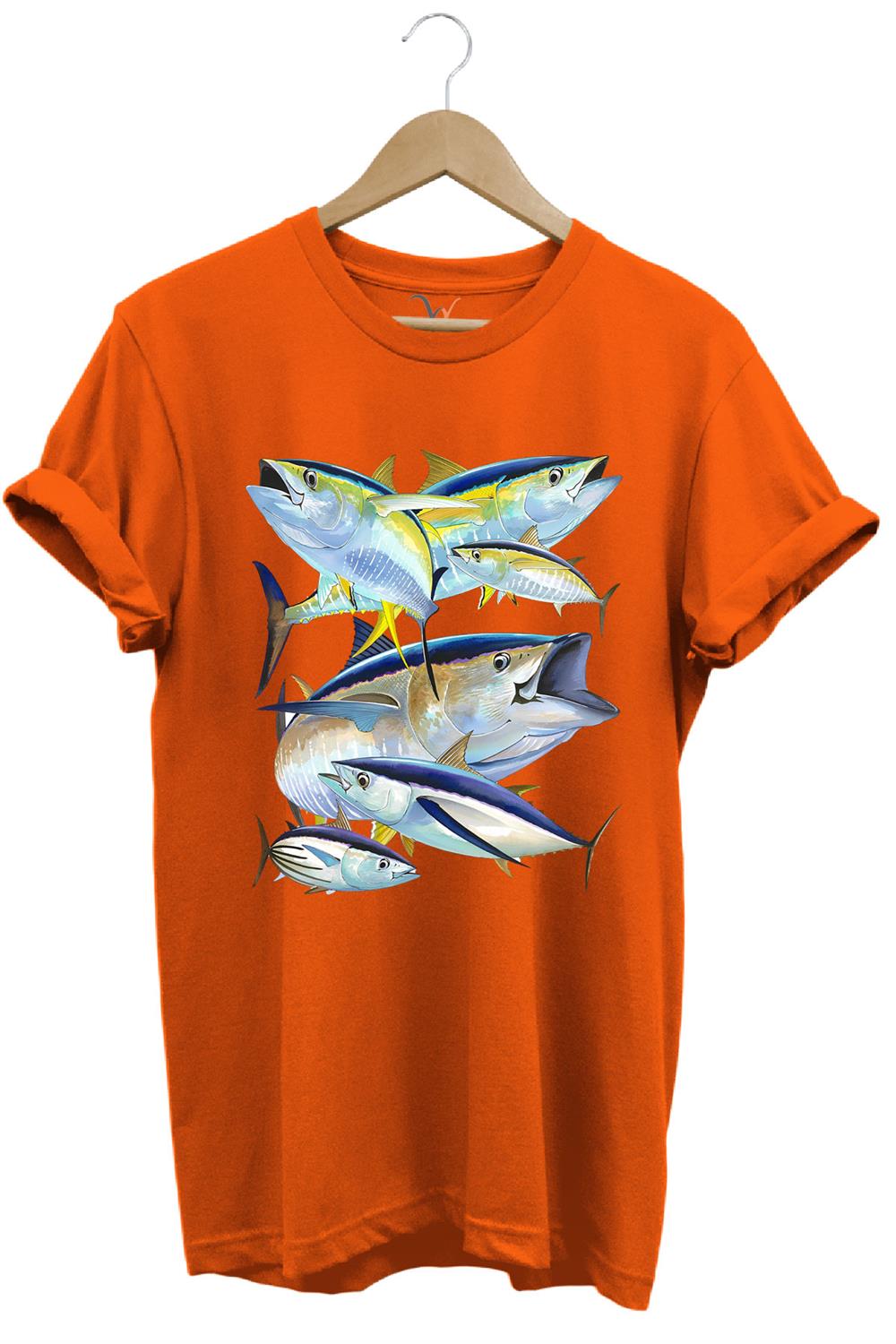 Balık Desenli Gümüş Balığı Baskılı %100 Pamuk Regular Fit Bisiklet Yaka T-Shirt - Turuncu