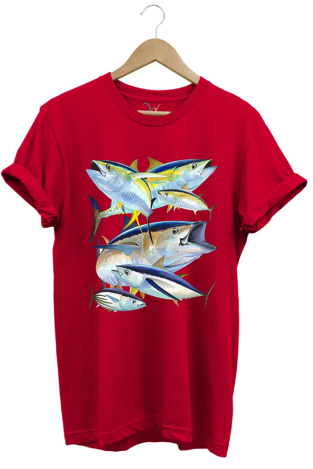 Balık Desenli Gümüş Balığı Baskılı %100 Pamuk Regular Fit Bisiklet Yaka T-Shirt - Kırmızı