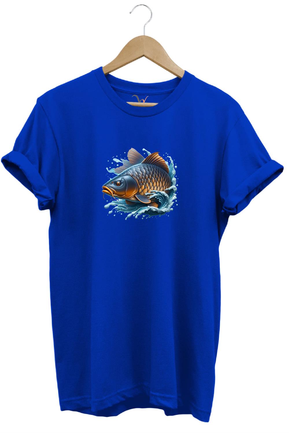 Balıkçı Fishing Sazan Avı Balıkçılığı Baskılı %100 Pamuk Regular Fit Bisiklet Yaka T-Shirt - Mavi