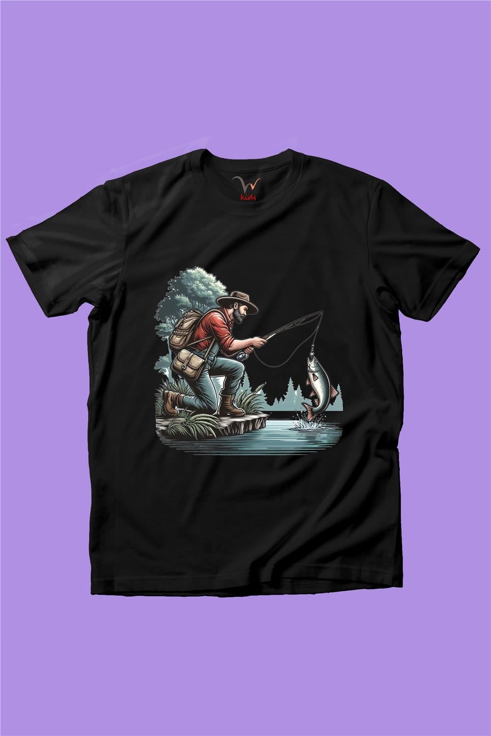 Balıkçı Olta İle Balık Tutmak Deniz Ve Kamp Baskılı %100 Pamuk Premium Erkek Çocuk Kız Çocuk T-Shirt - Siyah