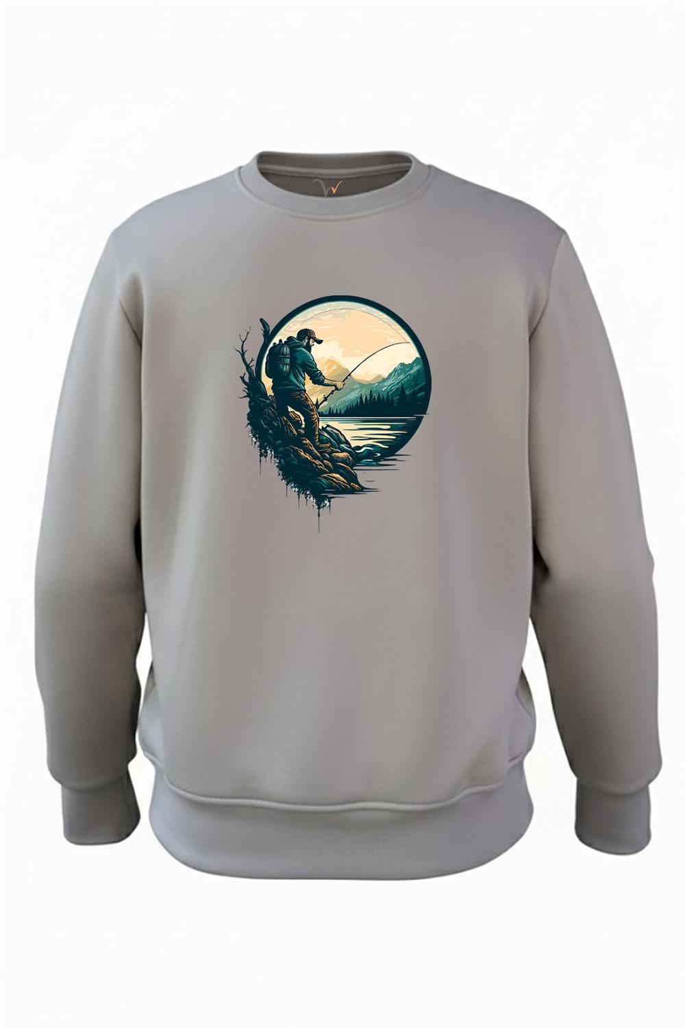 Balıkçı Olta İle Balık Tutmak Ve Doğa Baskılı Regular Fit 3 İplik Şardonlu %100 Pamuk Sweatshirt - Antrasit