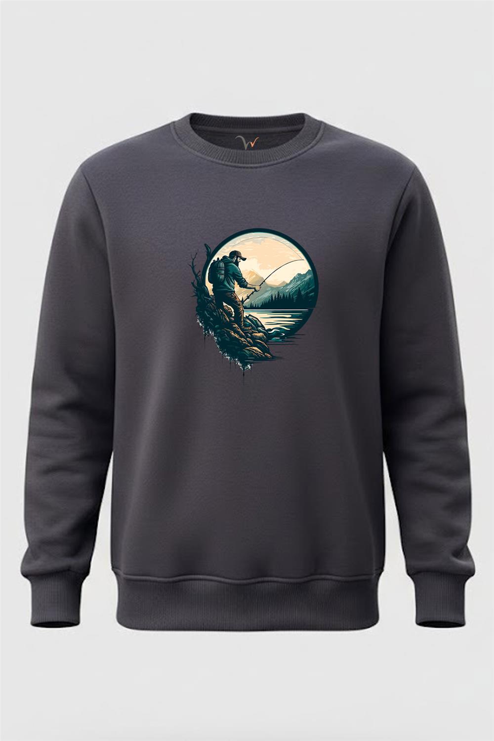 Balıkçı Olta İle Balık Tutmak Ve Doğa Baskılı Regular Fit 3 İplik Şardonlu %100 Pamuk Sweatshirt - Füme