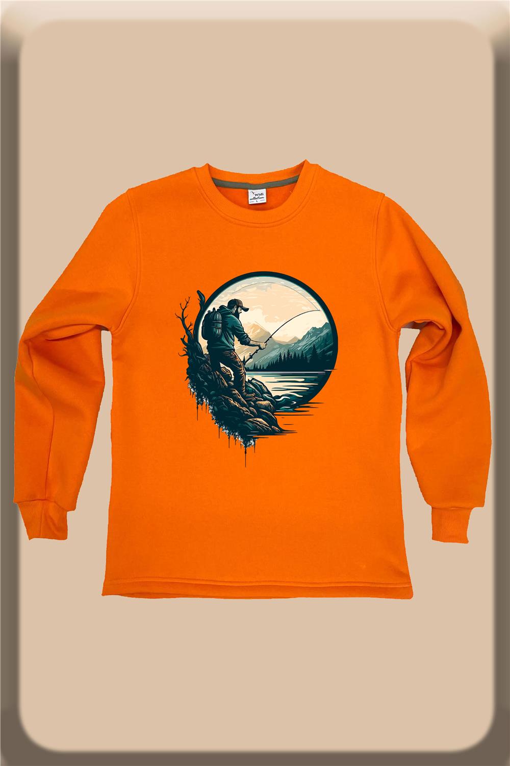 Balıkçılık Olta İle Balık Tutmak Baskılı Regular Fit %100 Pamuk Bisiklet Yaka Sweatshirt - Turuncu
