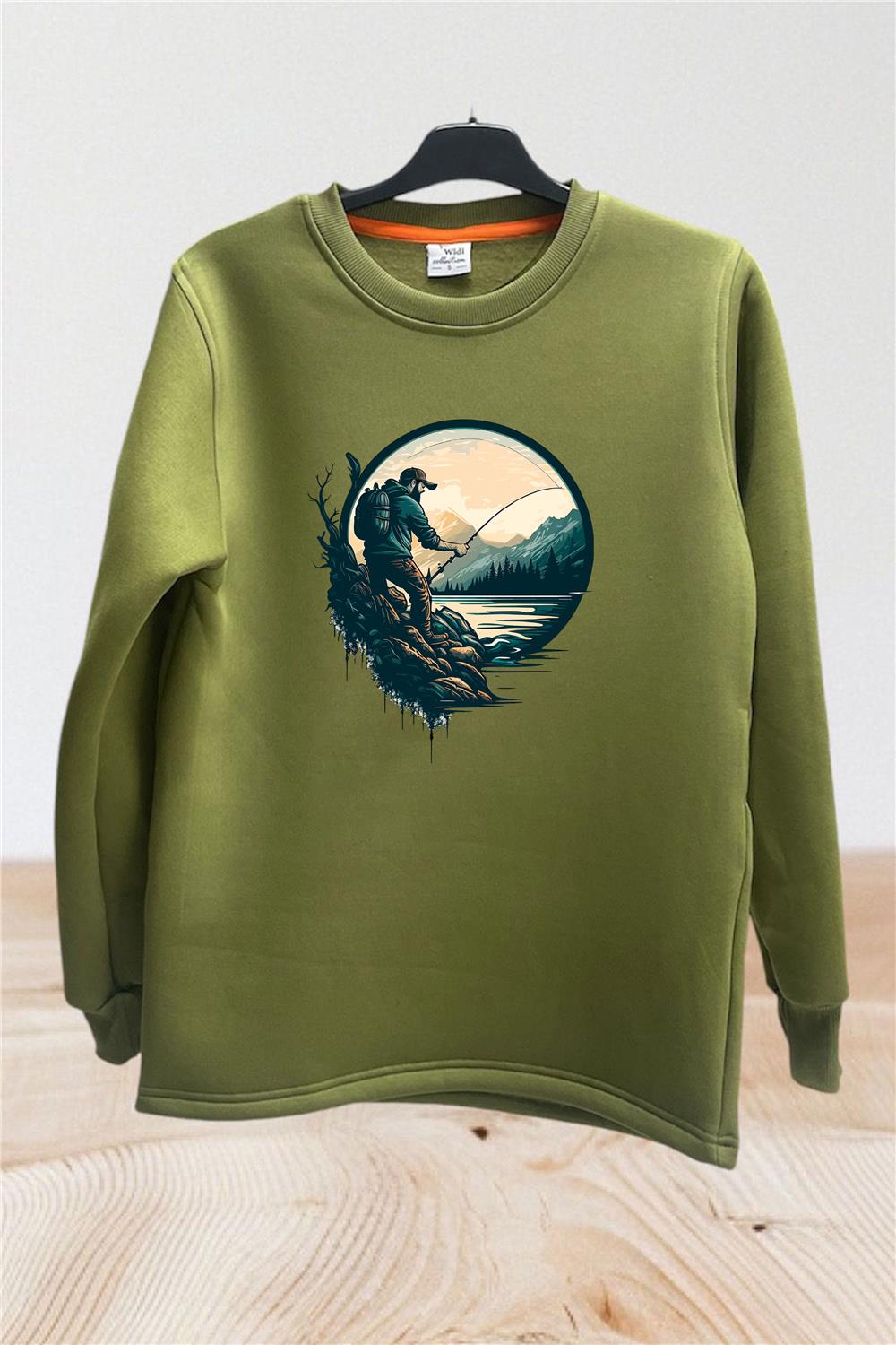 Balıkçılık Olta İle Balık Tutmak Baskılı Regular Fit %100 Pamuk Bisiklet Yaka Sweatshirt - Haki