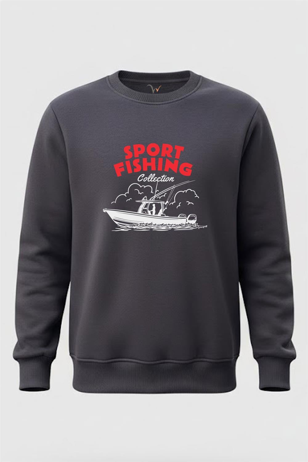 Balıkçılık Teknede Olta İle Balık Tutmak Baskılı 3 İp Şardonlu %100 Pamuk Sweatshirt - Füme