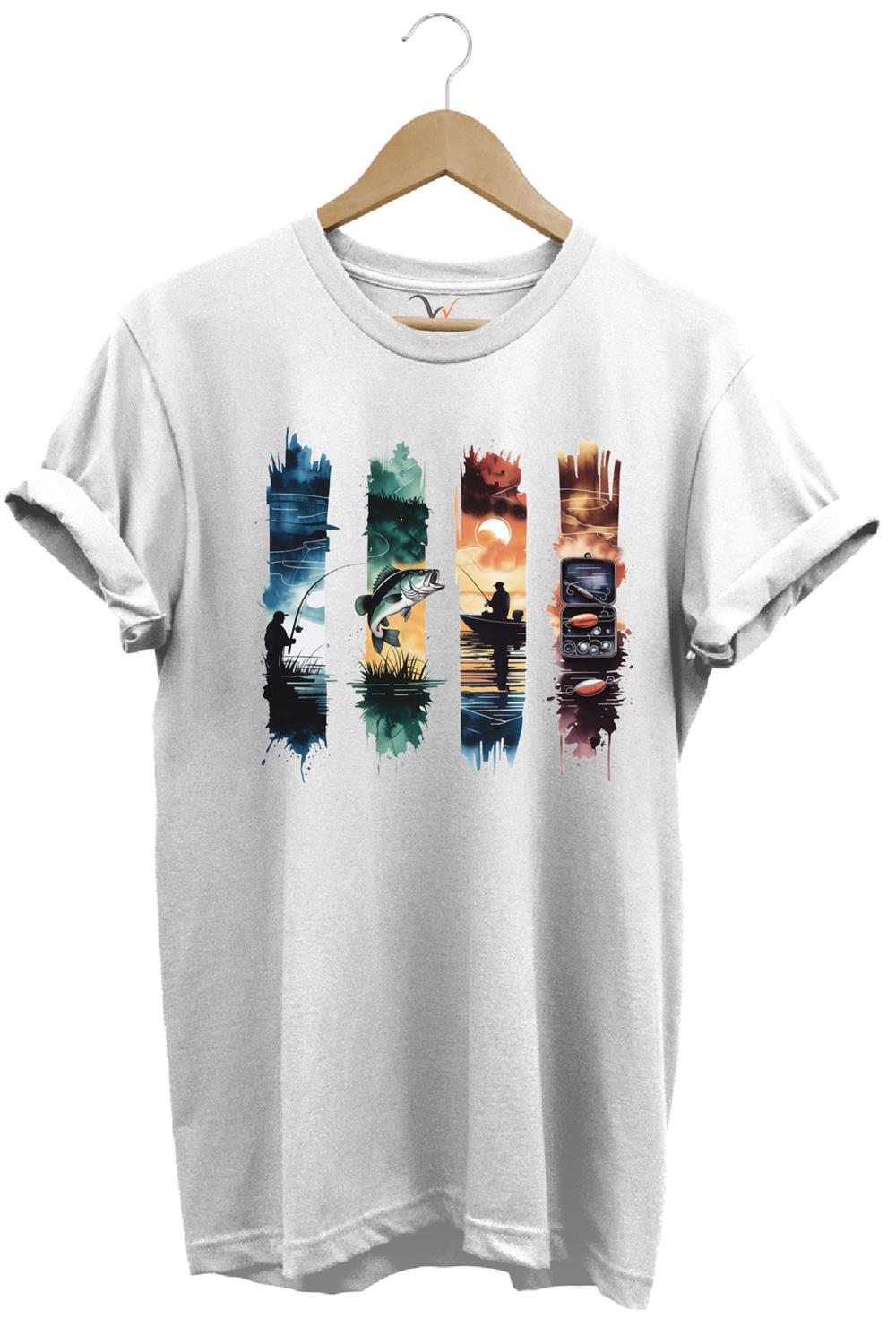 Balıkçılık Temalı Renkli Sahne Baskılı %100 Pamuk Unisex Regular Fit T-Shirt - Beyaz