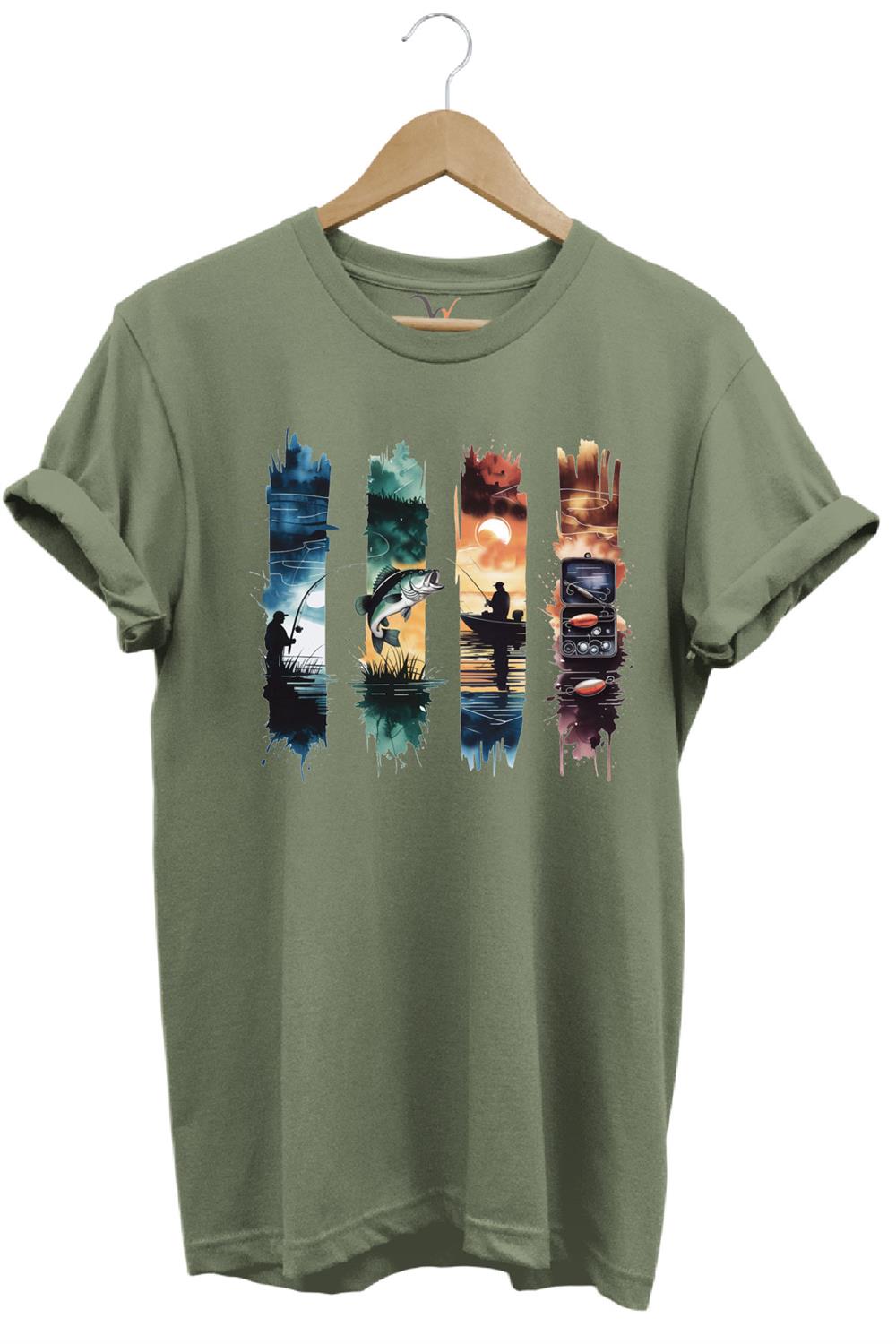 Balıkçılık Temalı Renkli Sahne Baskılı %100 Pamuk Unisex Regular Fit T-Shirt - Haki