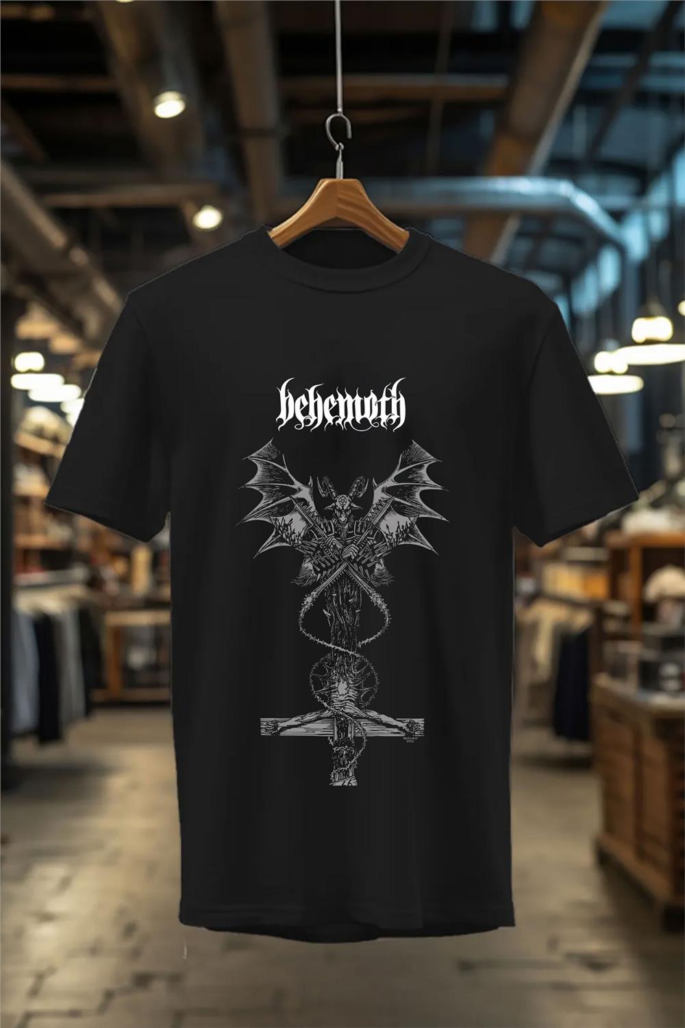 Behemoth Street Wear Baskılı %100 Pamuk Bisiklet Yaka T-Shirt - Siyah