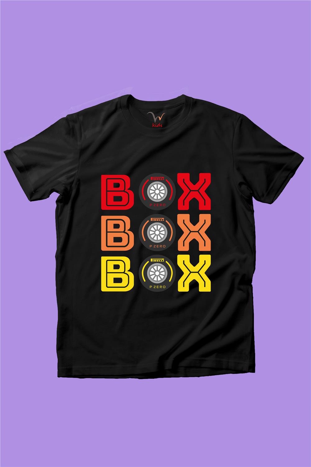 Box Box Box Yazılı Araba Tekerleği Detaylı F1 Yarış Kız Çocuk Erkek Çocuk T-Shirt - Siyah