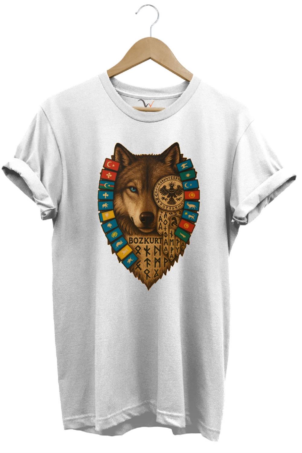 Bozkurt Göktürk Alfabeli Ve Türk Devletleri Bayrakları Baskılı %100 Pamuk Regular Fit T-Shirt - Beyaz