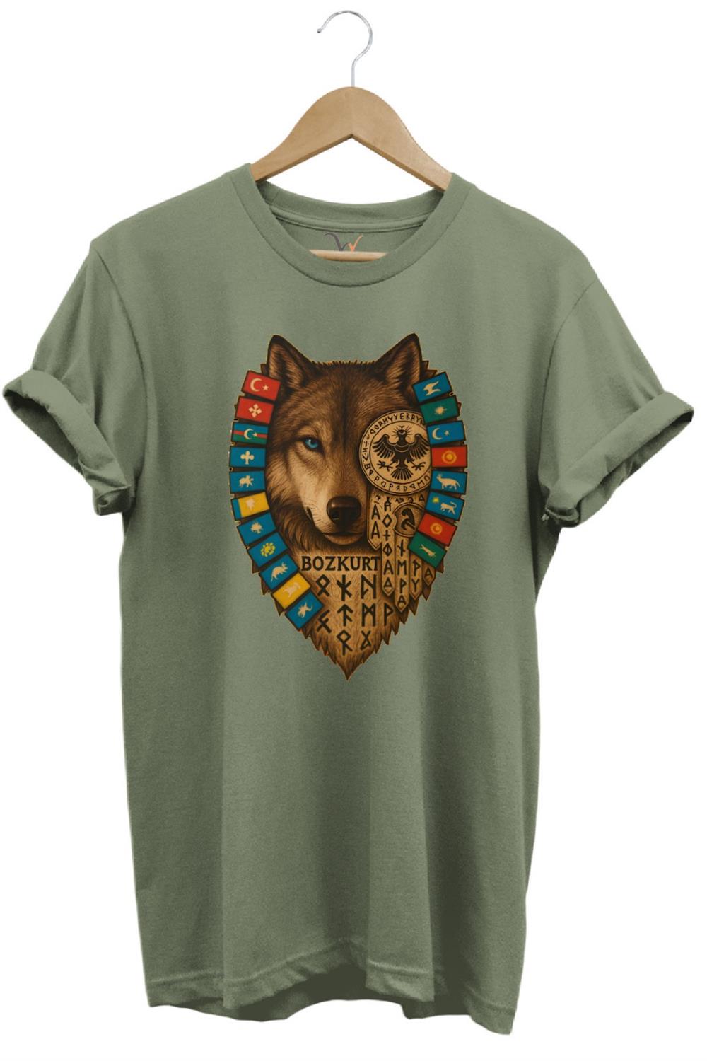 Bozkurt Göktürk Alfabeli Ve Türk Devletleri Bayrakları Baskılı %100 Pamuk Regular Fit T-Shirt - Haki