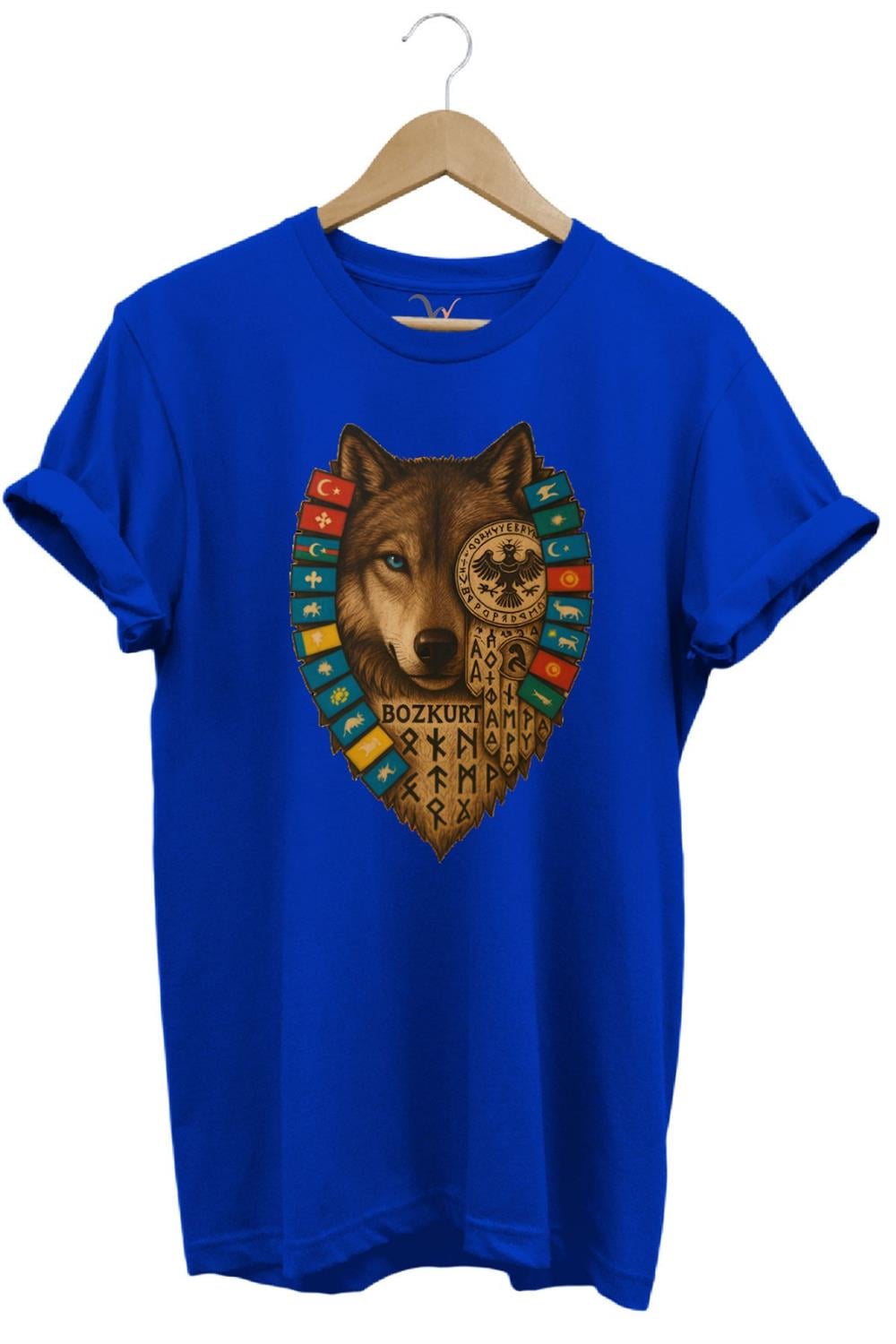 Bozkurt Göktürk Alfabeli Ve Türk Devletleri Bayrakları Baskılı %100 Pamuk Regular Fit T-Shirt - Mavi