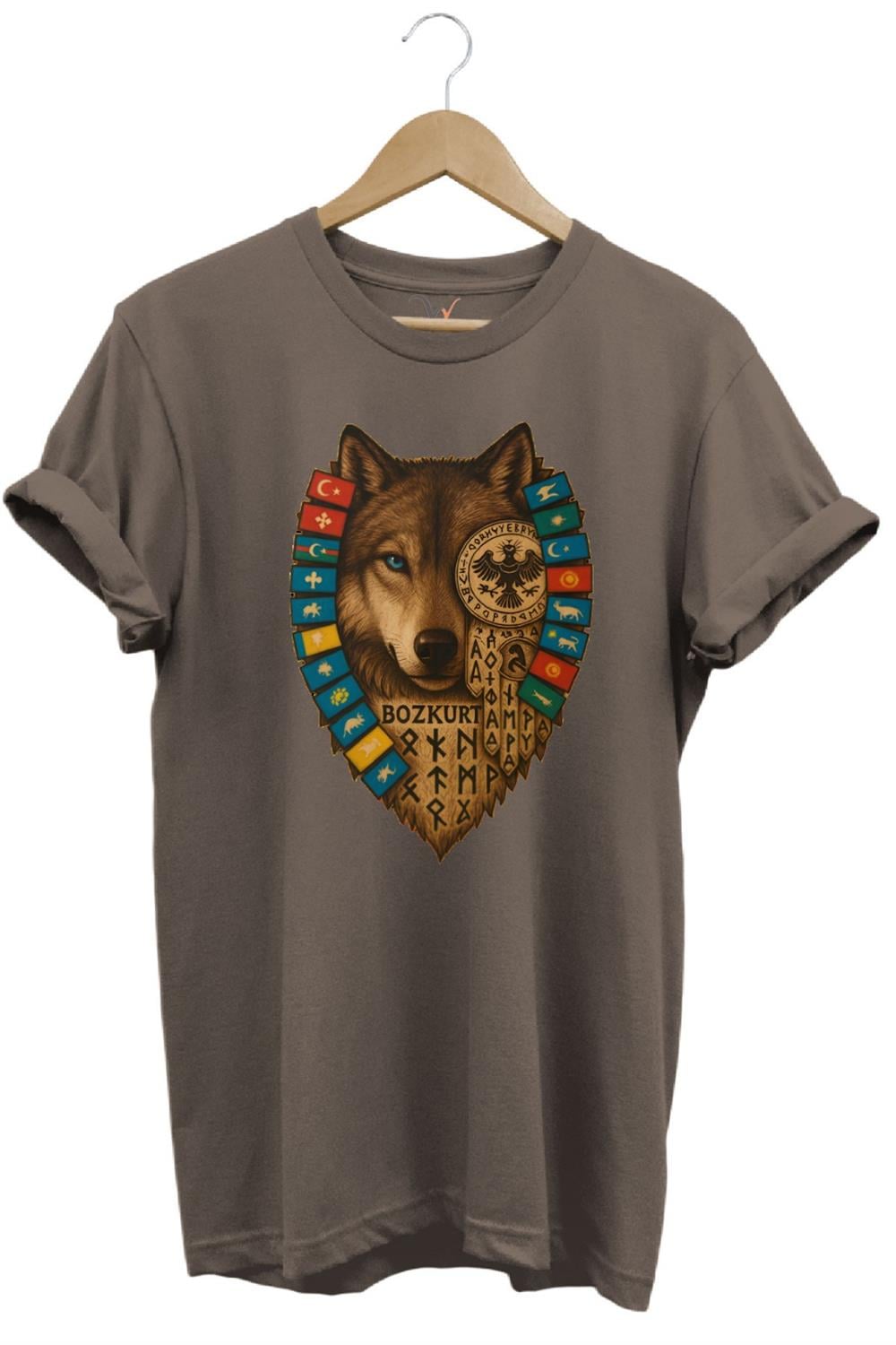 Bozkurt Göktürk Alfabeli Ve Türk Devletleri Bayrakları Baskılı %100 Pamuk Regular Fit T-Shirt - Kahverengi