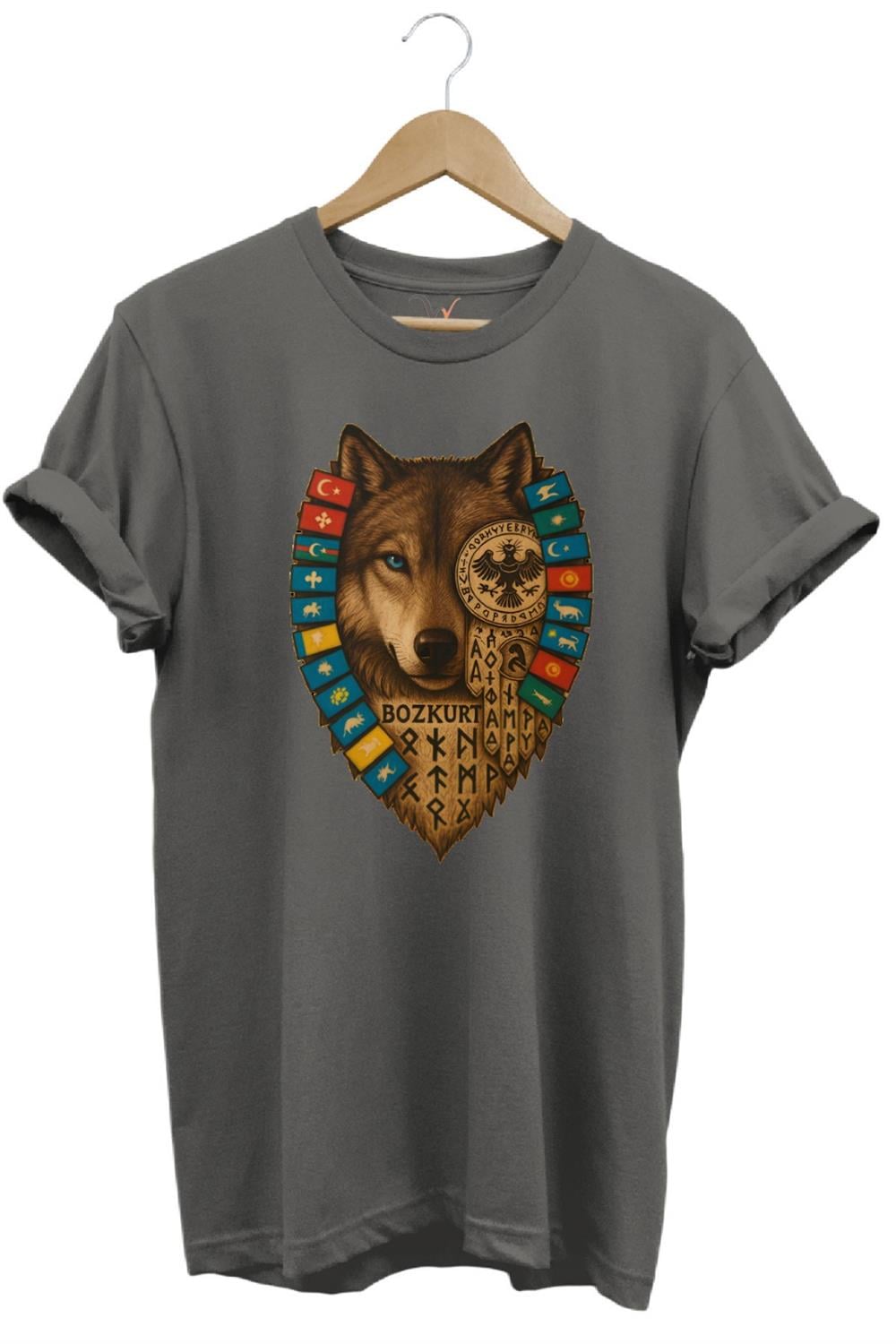 Bozkurt Göktürk Alfabeli Ve Türk Devletleri Bayrakları Baskılı %100 Pamuk Regular Fit T-Shirt - Antrasit