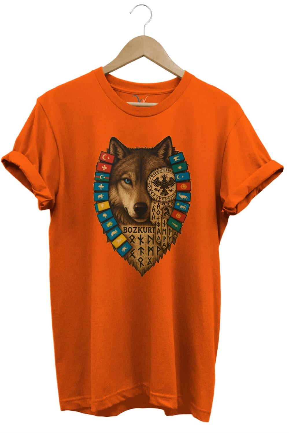 Bozkurt Göktürk Alfabeli Ve Türk Devletleri Bayrakları Baskılı %100 Pamuk Regular Fit T-Shirt - Turuncu
