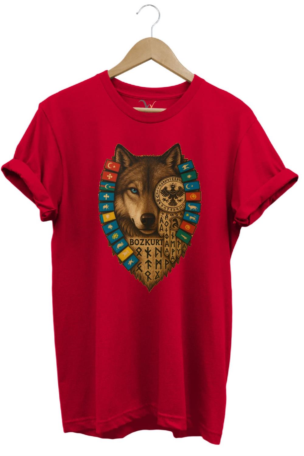 Bozkurt Göktürk Alfabeli Ve Türk Devletleri Bayrakları Baskılı %100 Pamuk Regular Fit T-Shirt - Kırmızı