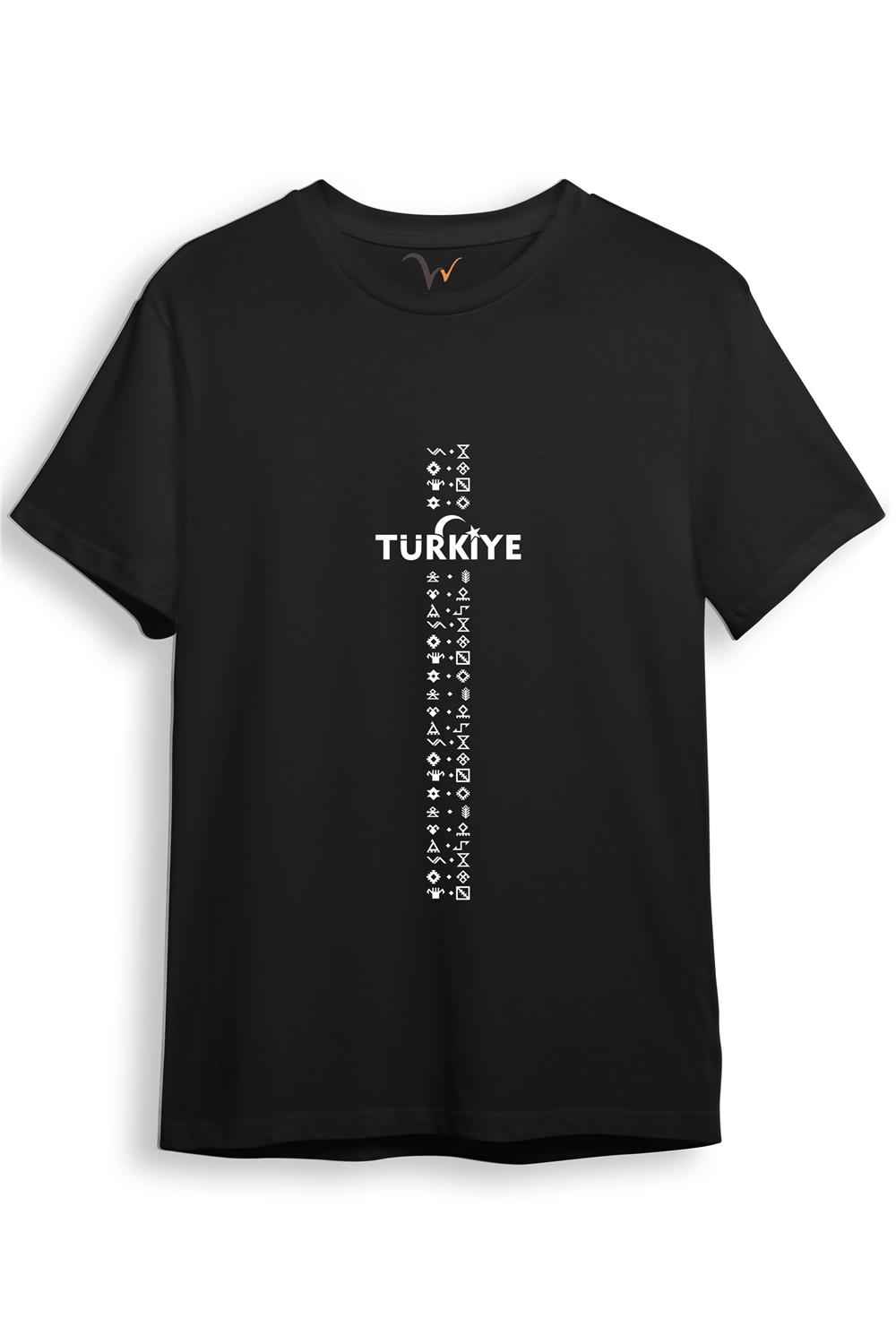 Bozkurt Göktürk Alfabesi Türkiye Sembolleri Yazısı Ve Ay Yıldız Ve Hilal Baskılı Regular Fit T-Shirt - Siyah