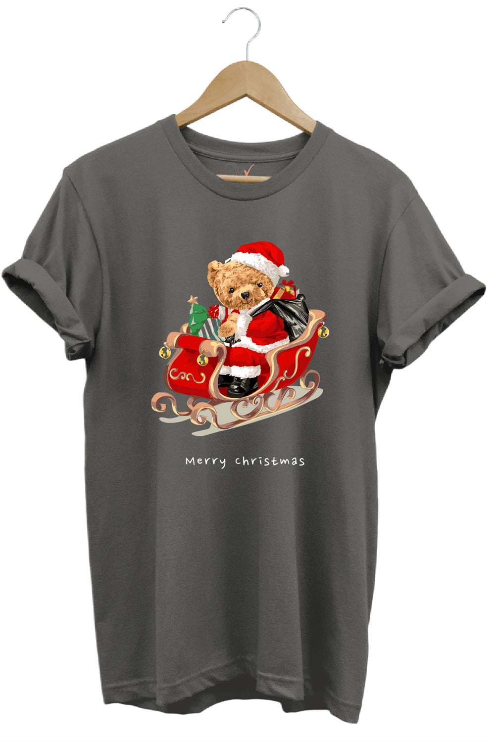 Christmas Baskılı Sevimli Ayıcık Yılbaşı Noel %100 Pamuk Regular Fit Bisiklet Yaka T-Shirt - Antrasit