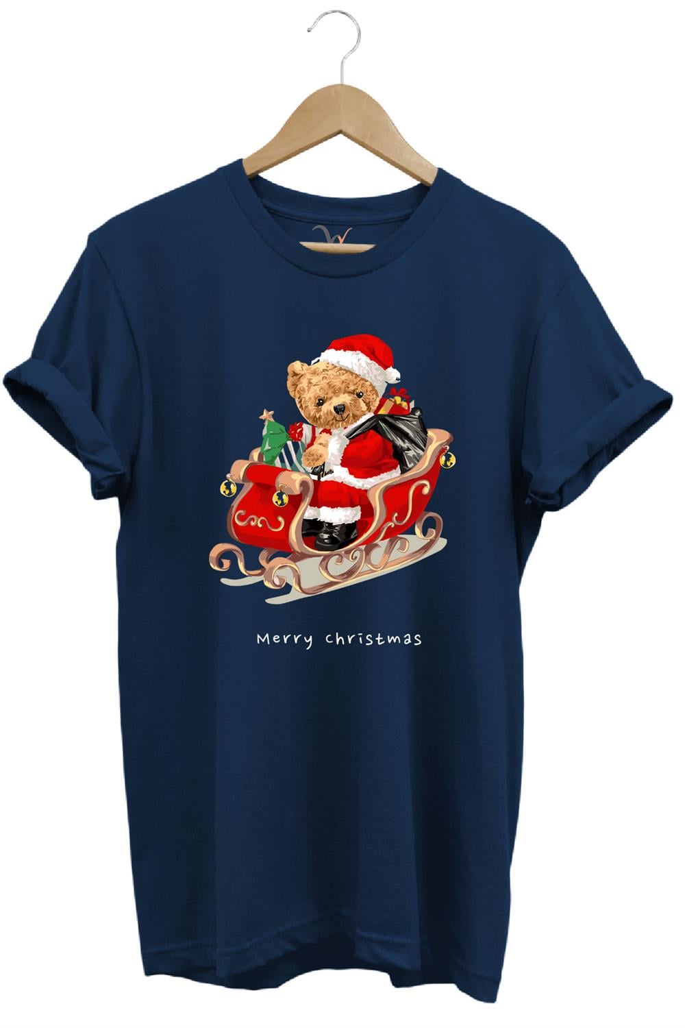 Christmas Baskılı Sevimli Ayıcık Yılbaşı Noel %100 Pamuk Regular Fit Bisiklet Yaka T-Shirt - Lacivert