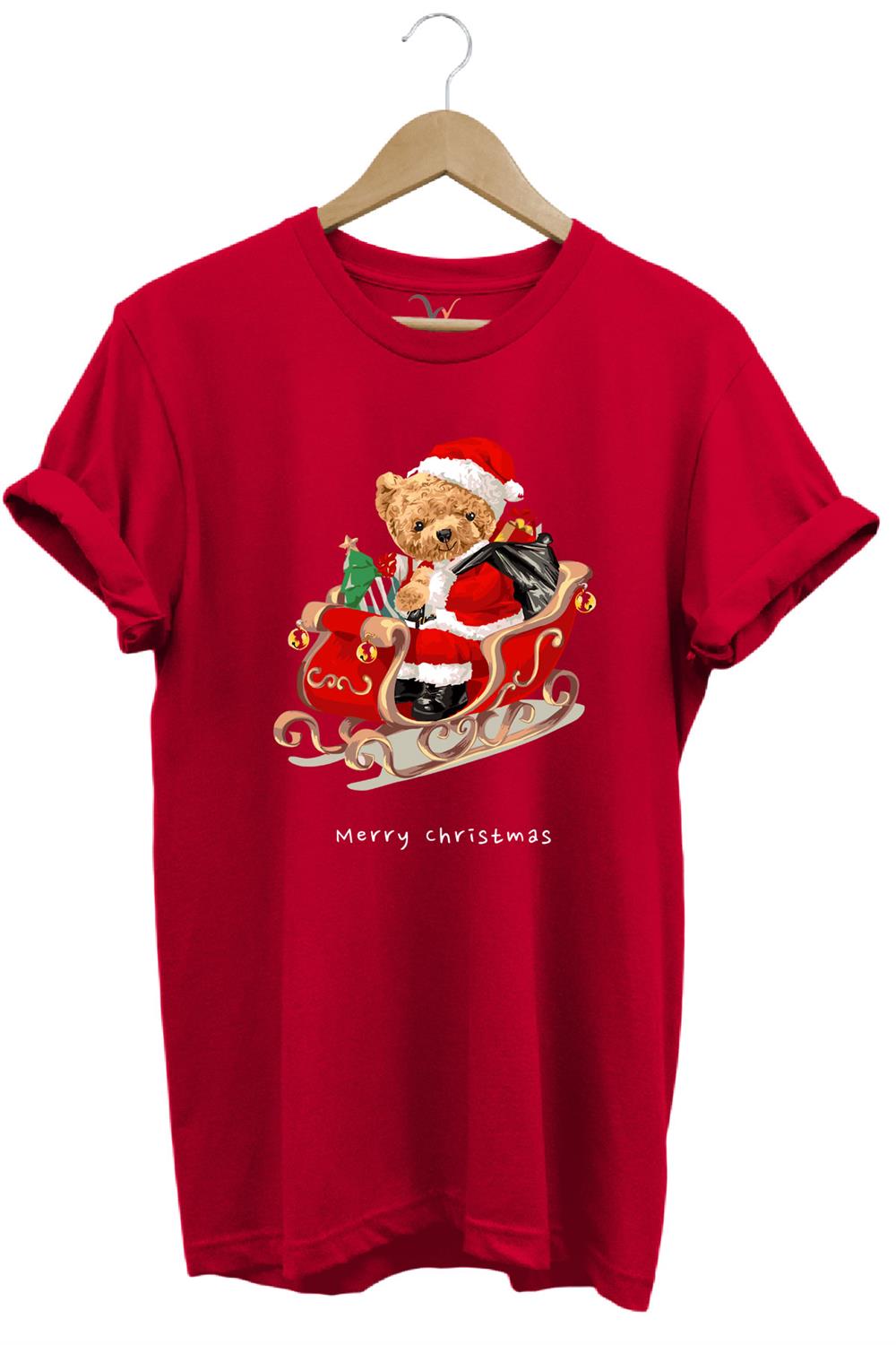 Christmas Baskılı Sevimli Ayıcık Yılbaşı Noel %100 Pamuk Regular Fit Bisiklet Yaka T-Shirt - Kırmızı