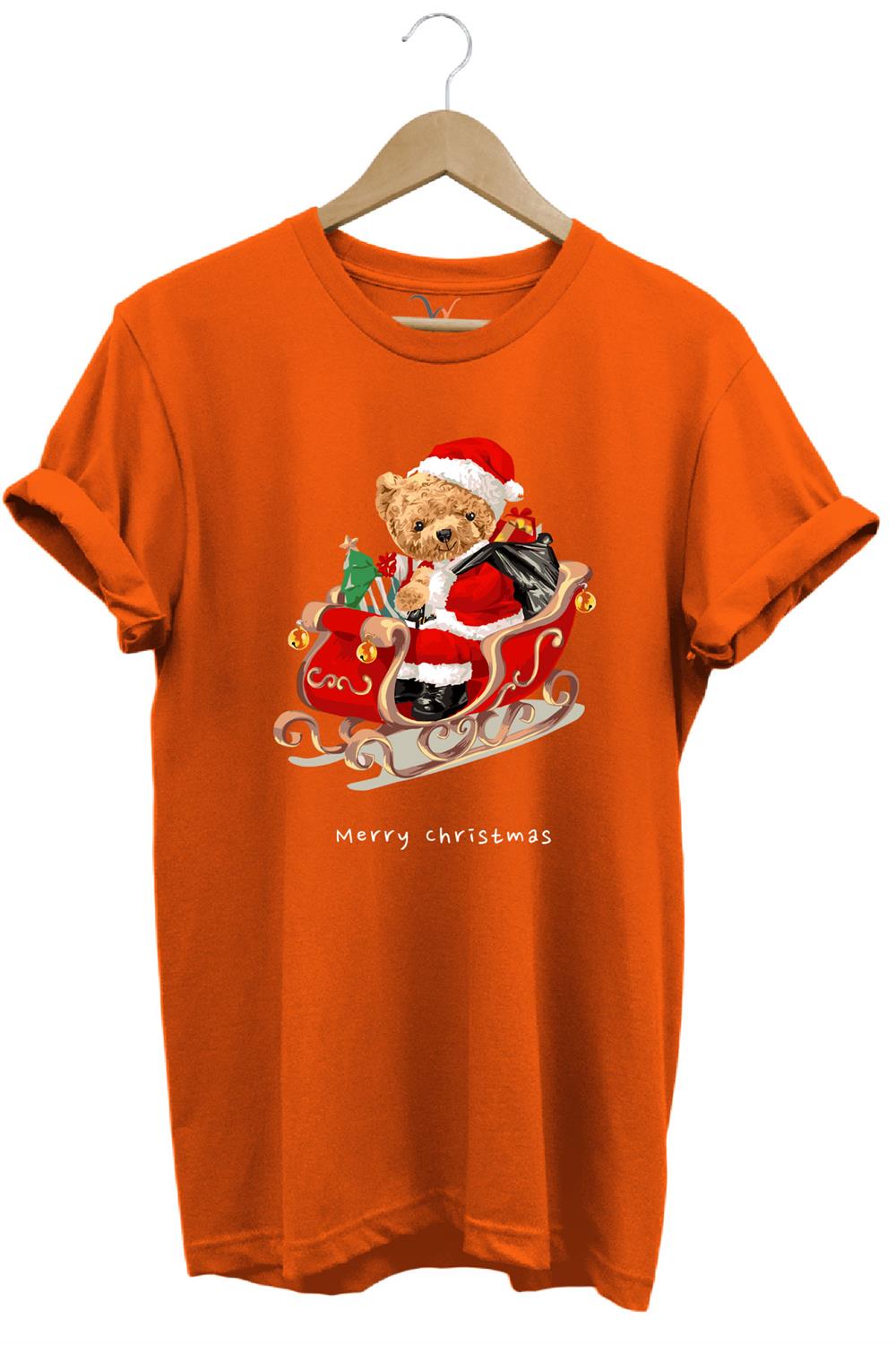 Christmas Baskılı Sevimli Ayıcık Yılbaşı Noel %100 Pamuk Regular Fit Bisiklet Yaka T-Shirt - Turuncu