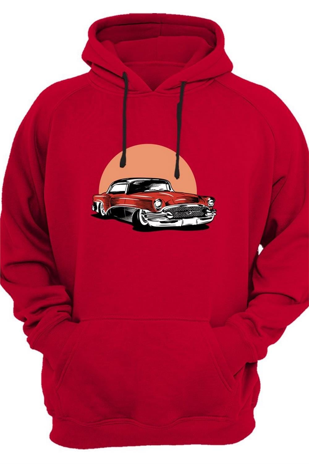 Classic Car Araba Baskılı 3 İplik Kalın Şardonlu Kanguru Cepli Sweatshirt - Kırmızı
