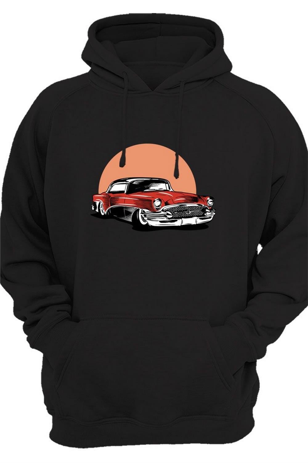 Classic Car Araba Baskılı 3 İplik Kalın Şardonlu Kanguru Cepli Sweatshirt - Siyah