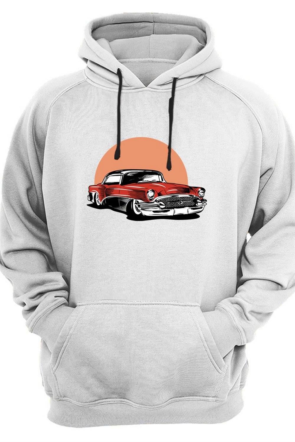 Classic Car Araba Baskılı 3 İplik Kalın Şardonlu Kanguru Cepli Sweatshirt - Beyaz