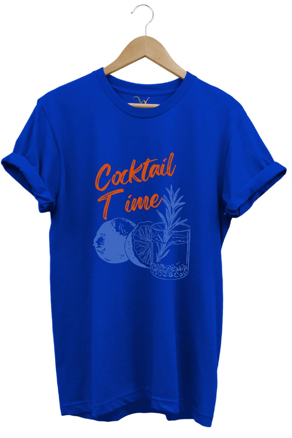 Cocktail Time Tasarım Baskılı Y2K Old Money %100 Pamuk Regular Fit Bisiklet Yaka Premium T-Shirt - Mavi
