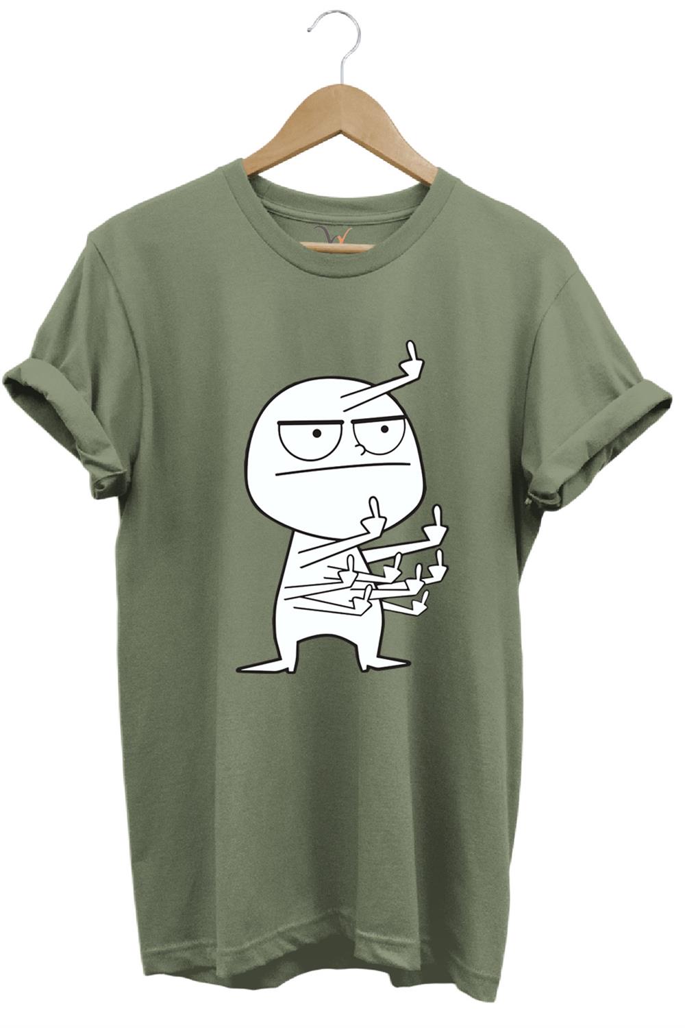 Eğlenceli Komik Orta Parmak Tasarım Baskılı %100 Pamuk Regular Fit T-Shirt - Haki