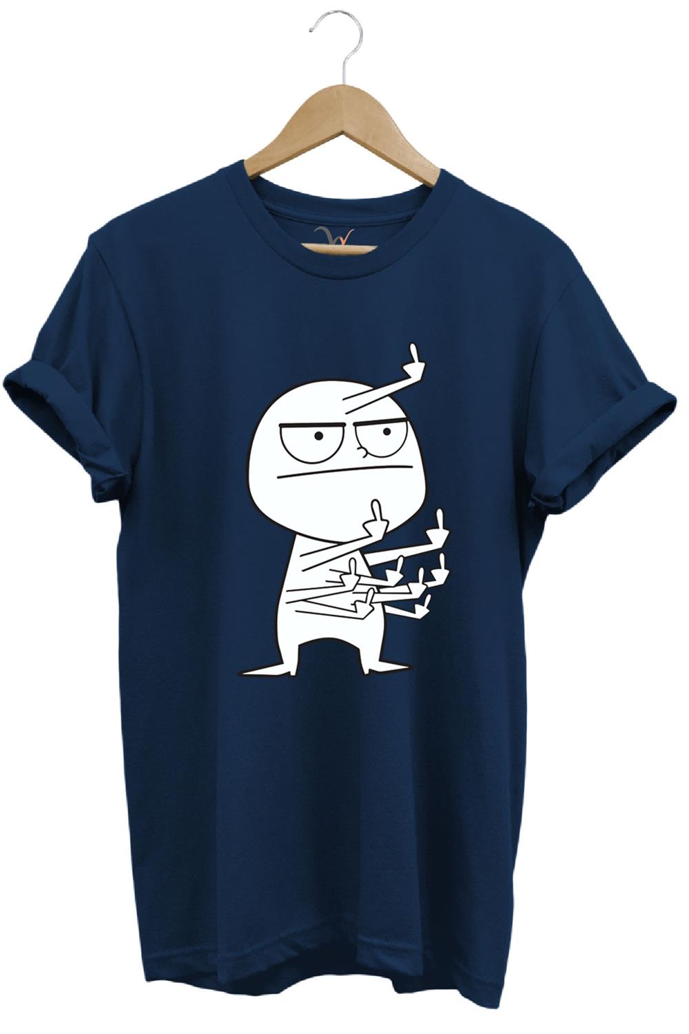 Eğlenceli Komik Orta Parmak Tasarım Baskılı %100 Pamuk Regular Fit T-Shirt - Lacivert