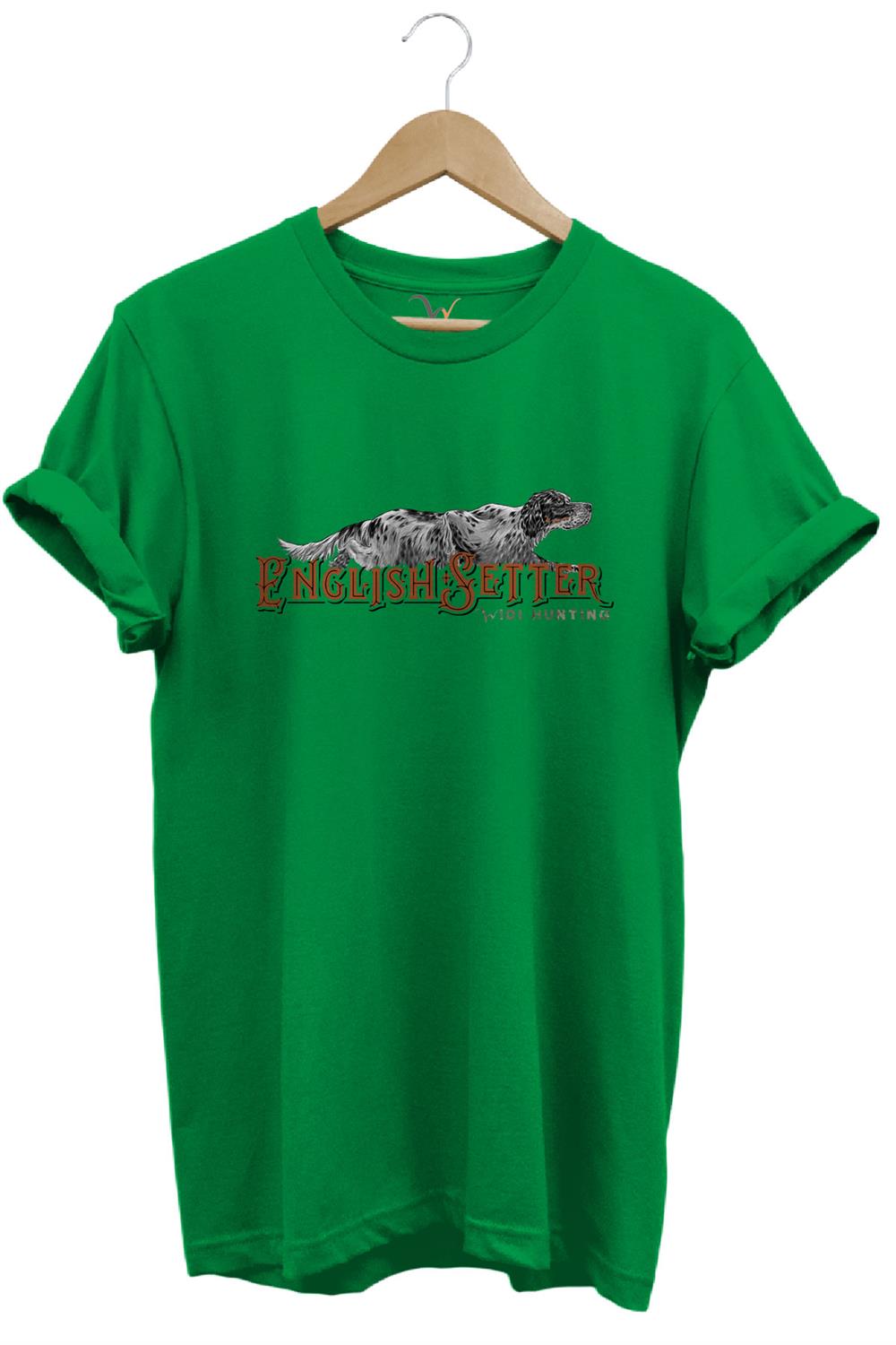 English Setter Av Köpeği Tasarımlı %100 Pamuk Unisex Regular Fit T-Shirt - Yeşil