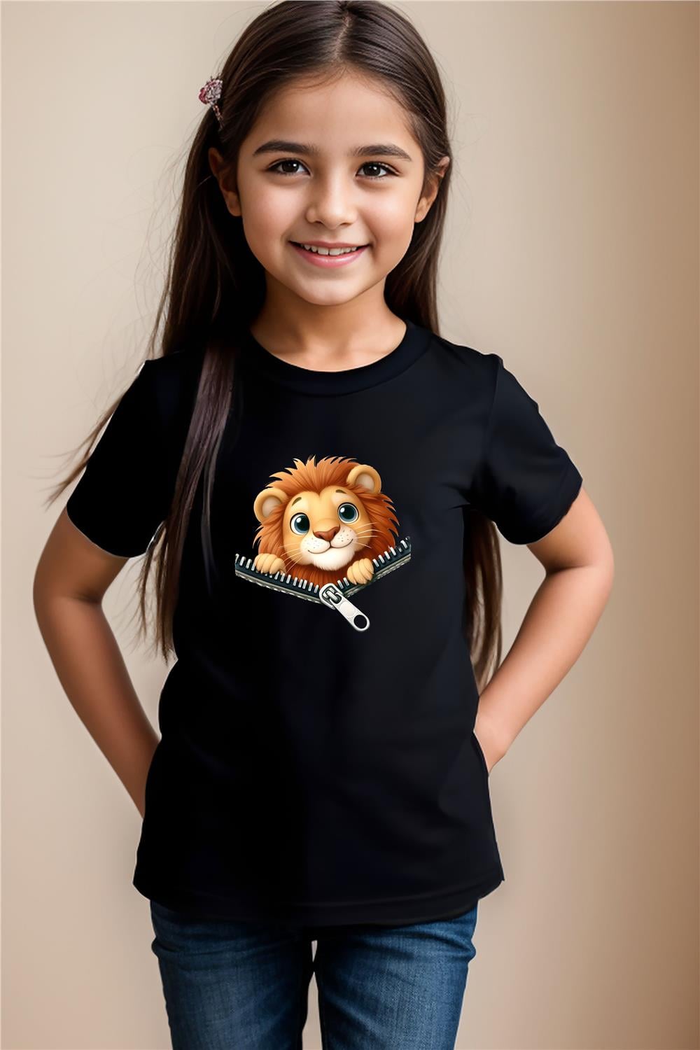 Fermuarlı Sevimli Aslan Baskılı Kız Çocuk Erkek Çocuk %100 Pamuk T-Shirt - Siyah