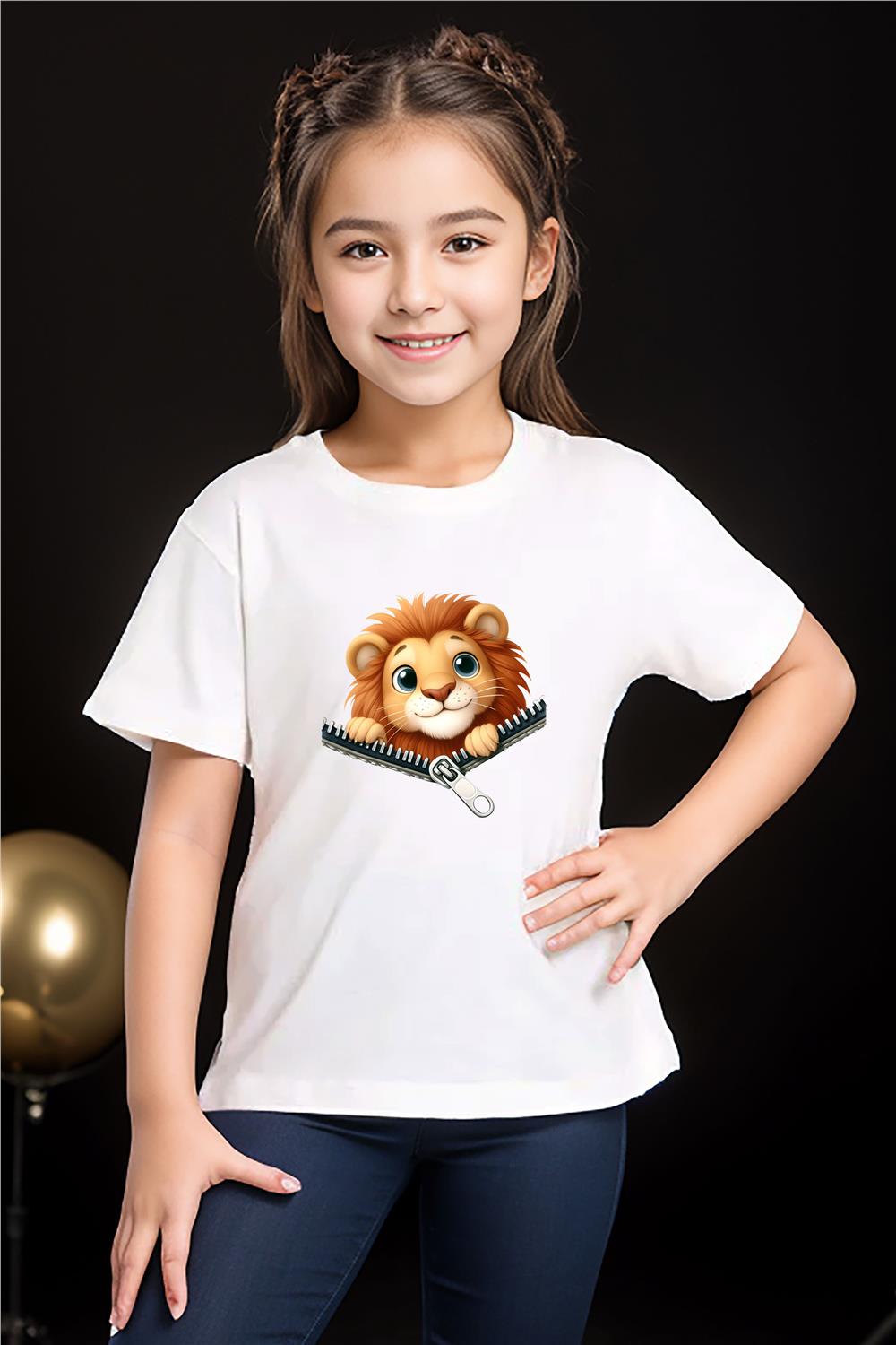 Fermuarlı Sevimli Aslan Baskılı Kız Çocuk Erkek Çocuk %100 Pamuk T-Shirt - Beyaz