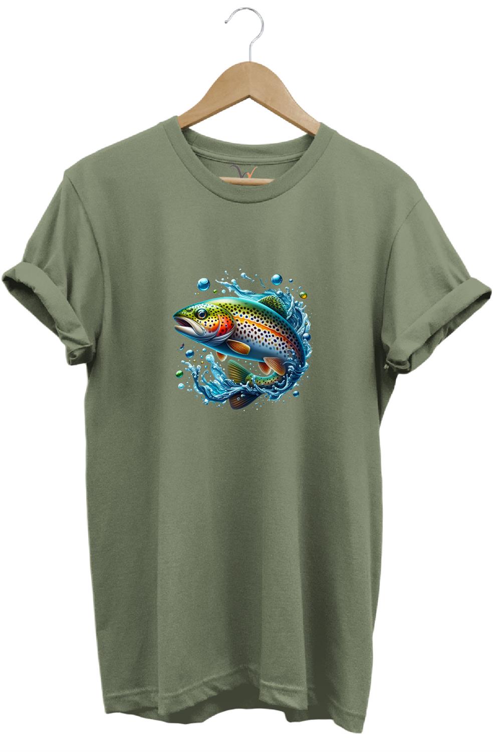 Fishing Avcılık Alabalık Balıkçılığı Baskılı %100 Pamuk Regular Fit Bisiklet Yaka T-Shirt - Haki