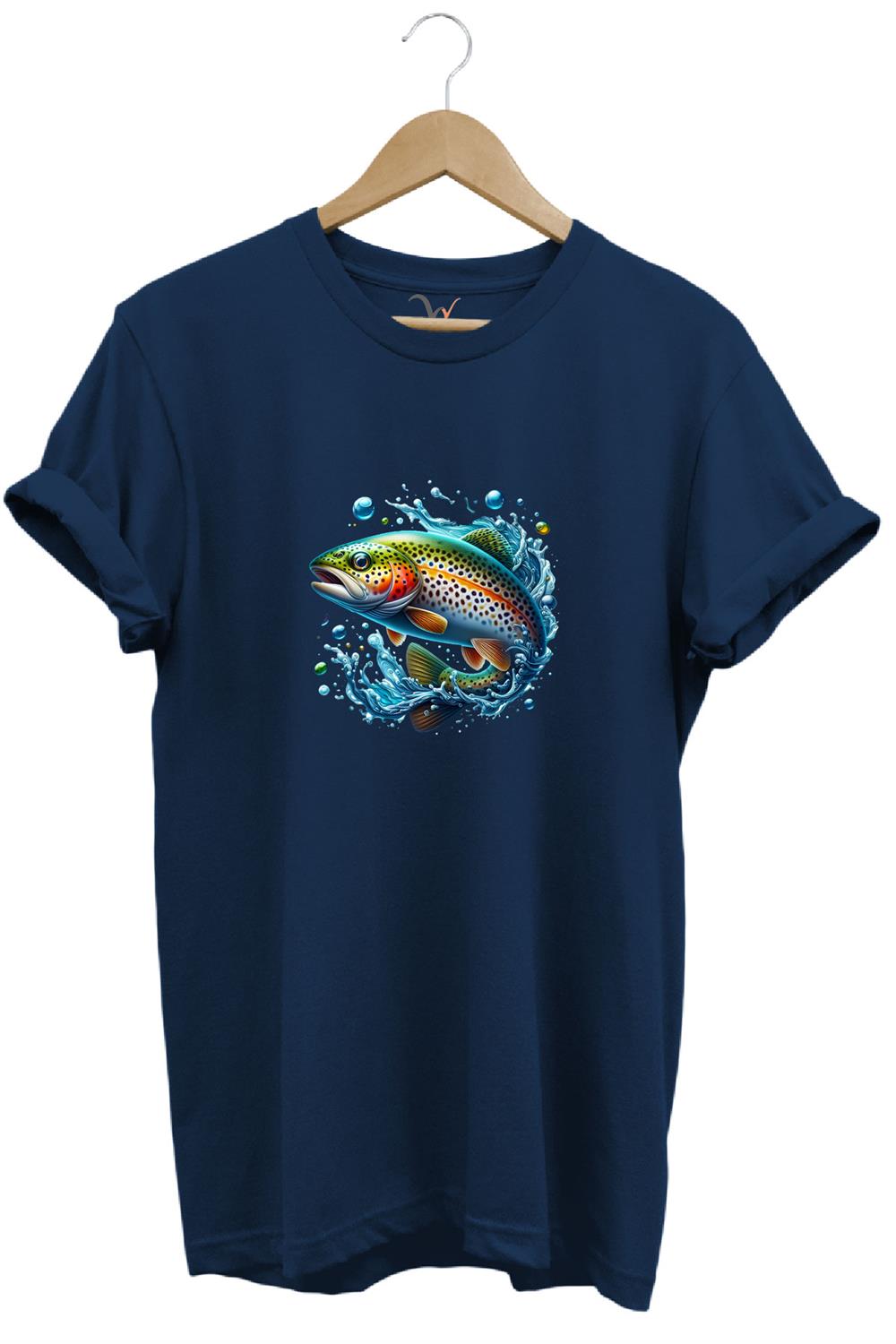 Fishing Avcılık Alabalık Balıkçılığı Baskılı %100 Pamuk Regular Fit Bisiklet Yaka T-Shirt - Lacivert