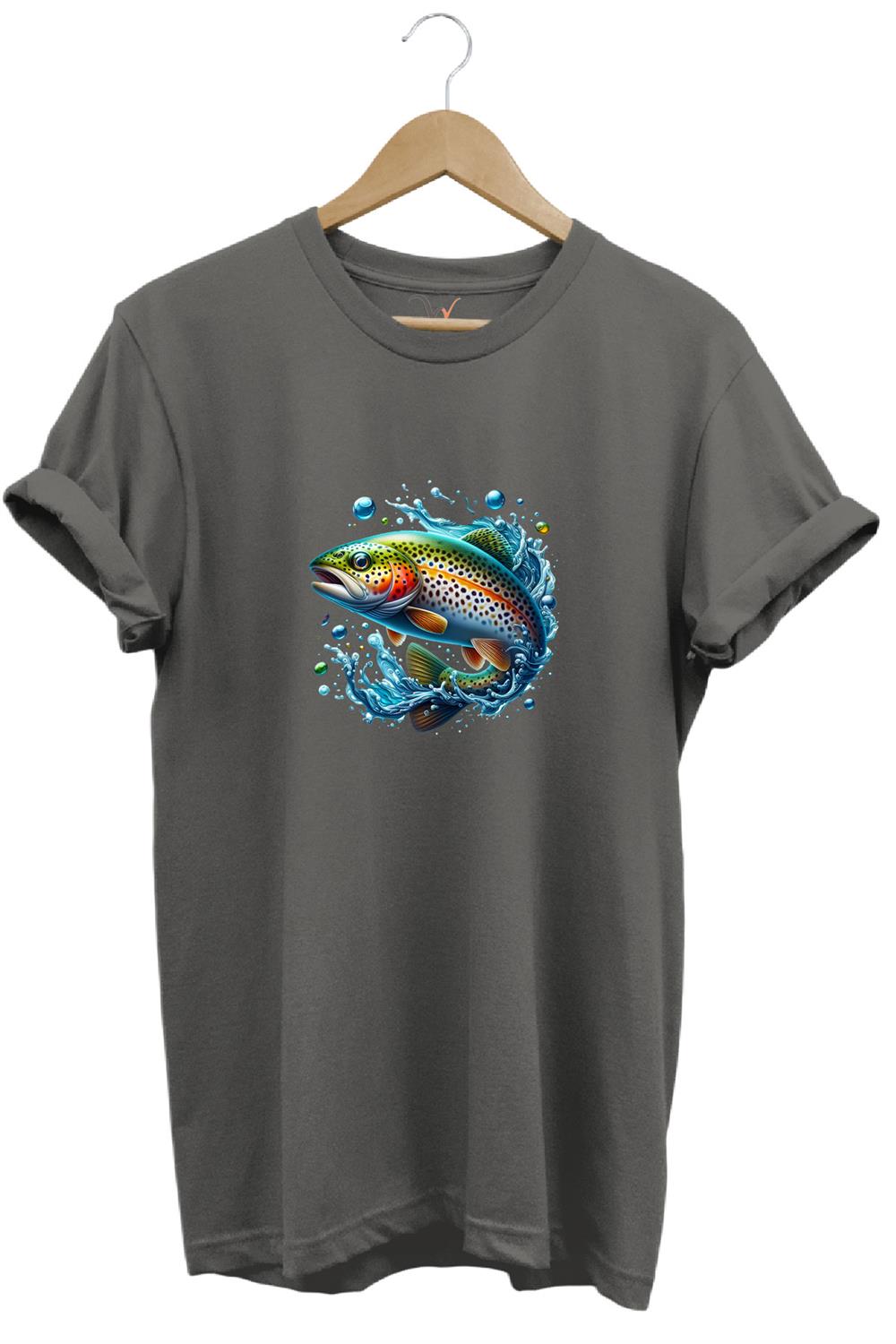 Fishing Avcılık Alabalık Balıkçılığı Baskılı %100 Pamuk Regular Fit Bisiklet Yaka T-Shirt - Antrasit