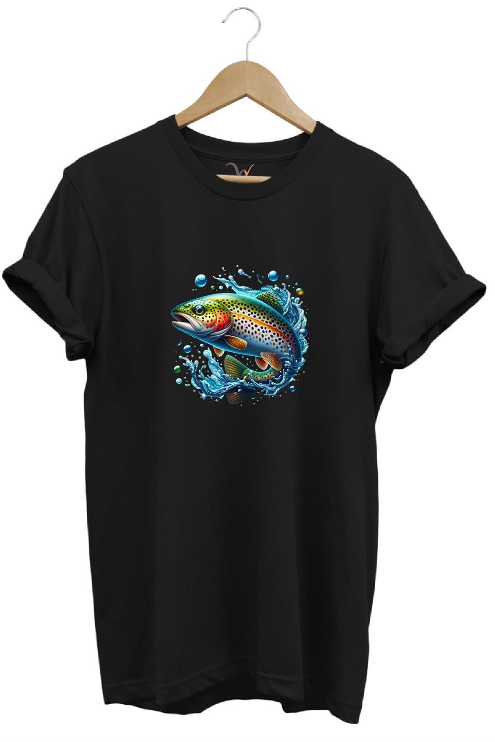 Fishing Avcılık Alabalık Balıkçılığı Baskılı %100 Pamuk Regular Fit Bisiklet Yaka T-Shirt - Siyah