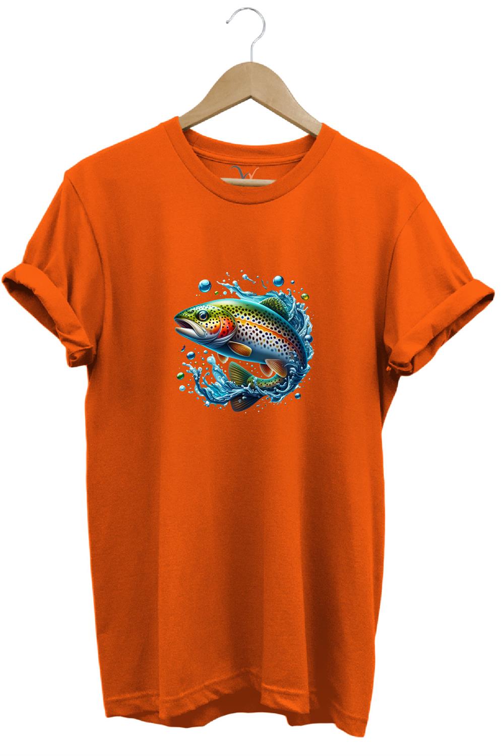Fishing Avcılık Alabalık Balıkçılığı Baskılı %100 Pamuk Regular Fit Bisiklet Yaka T-Shirt - Turuncu