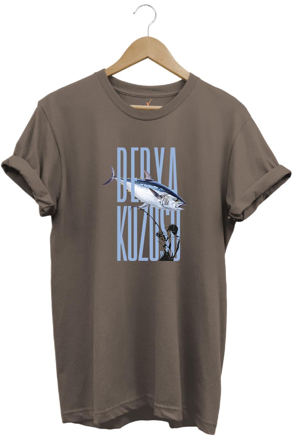 Fishing Balık Avcılığı Palamut Balığı Derya Kuzusu Tasarım Baskılı Regular Fit Bisiklet Yaka T-Shirt - Kahverengi