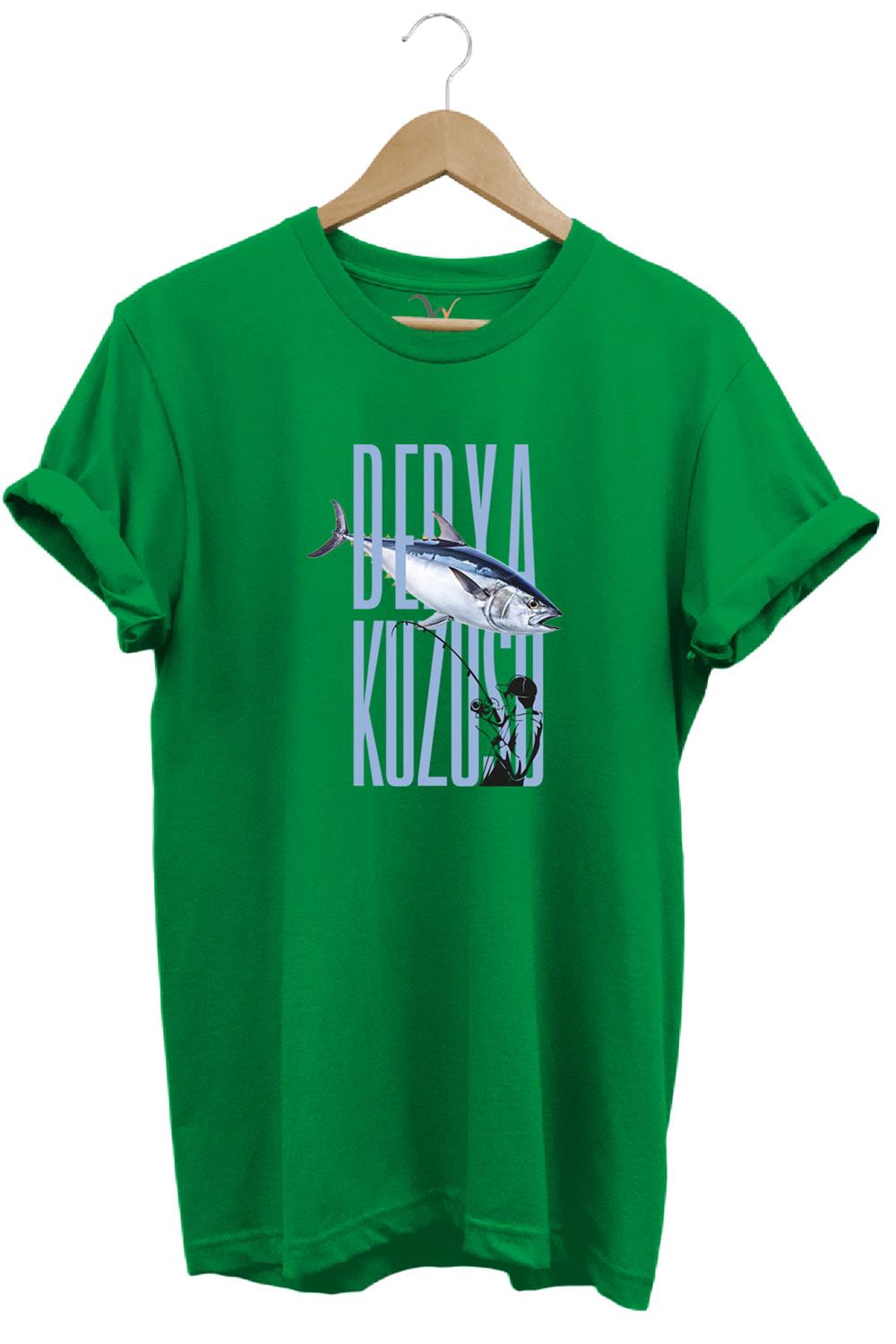 Fishing Balık Avcılığı Palamut Balığı Derya Kuzusu Tasarım Baskılı Regular Fit Bisiklet Yaka T-Shirt - Yeşil