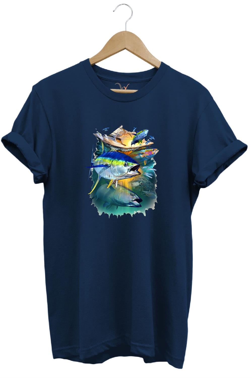 Fishing Balık Baskılı Balıkçılık %100 Pamuk Regular Fit Bisiklet Yaka T-Shirt - Lacivert