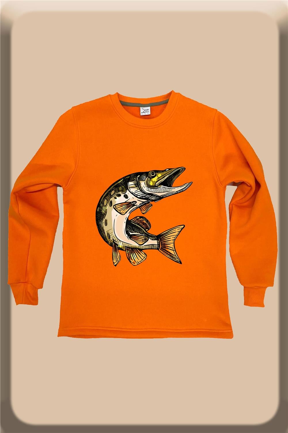 Fishing Balıkçılık Balık Baskılı Regular Fit %100 Pamuk Regular Fit Bisiklet Yaka Sweatshirt - Turuncu