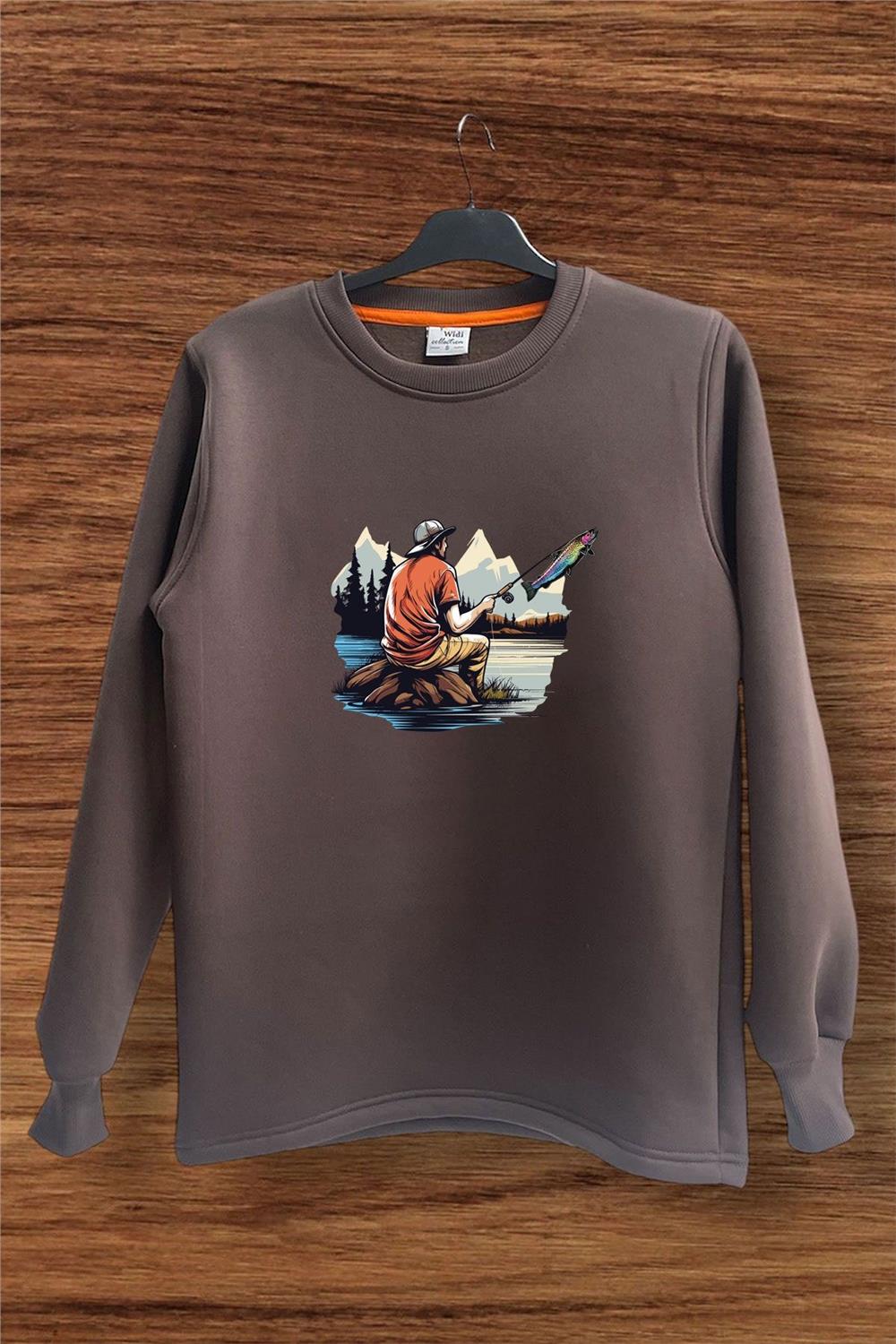 Fishing Balıkçılık Baskılı Olta Ile Alabalık Avı Regular Fit %100 Pamuk Sweatshirt - Kahverengi