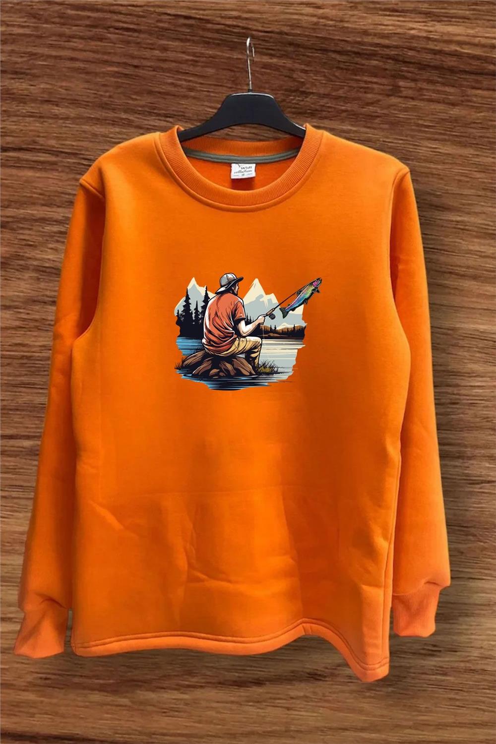 Fishing Balıkçılık Baskılı Olta Ile Alabalık Avı Regular Fit %100 Pamuk Sweatshirt - Turuncu