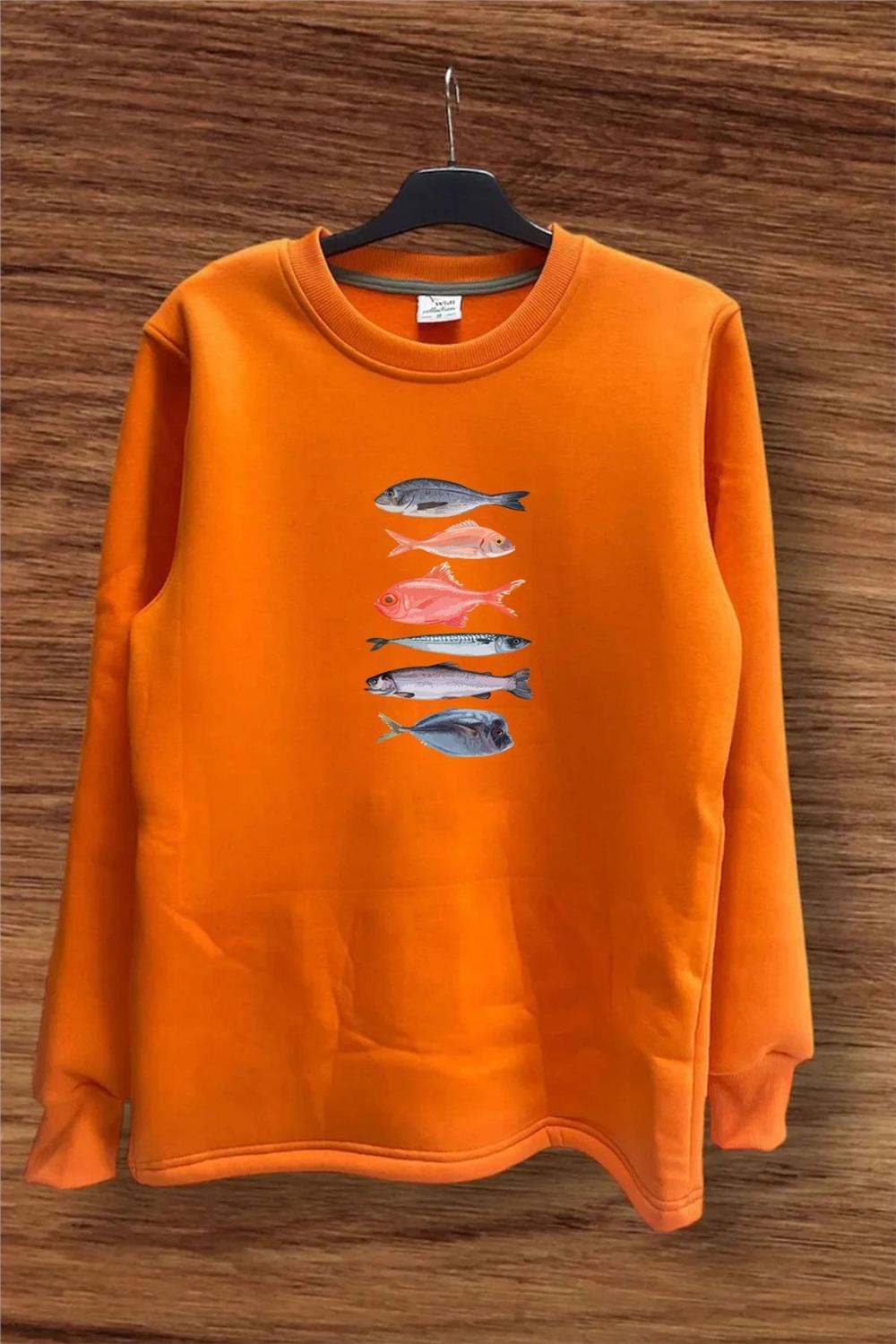 Fishing Balıkçılık Baskılı Renkli Çeşitli Balık Tasarım Baskılı Regular Fit %100 Pamuk Sweatshirt - Turuncu