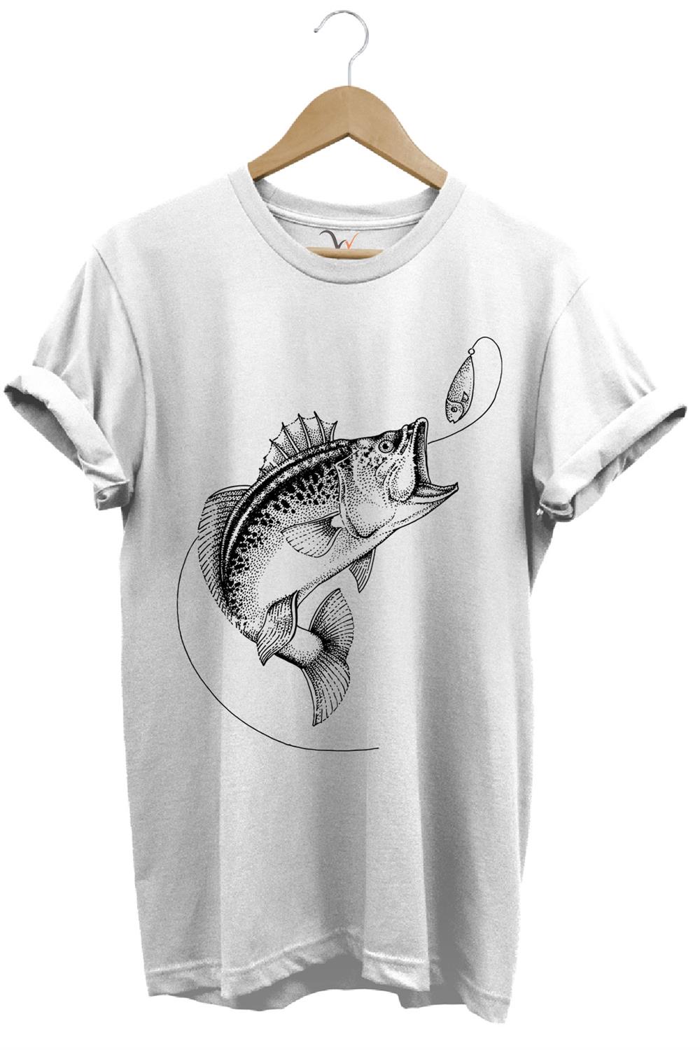 Fishing Balıkçılık Baskılı Yem Balıkçılığı Olta %100 Pamuk Bisiklet Yaka T-Shirt - Beyaz
