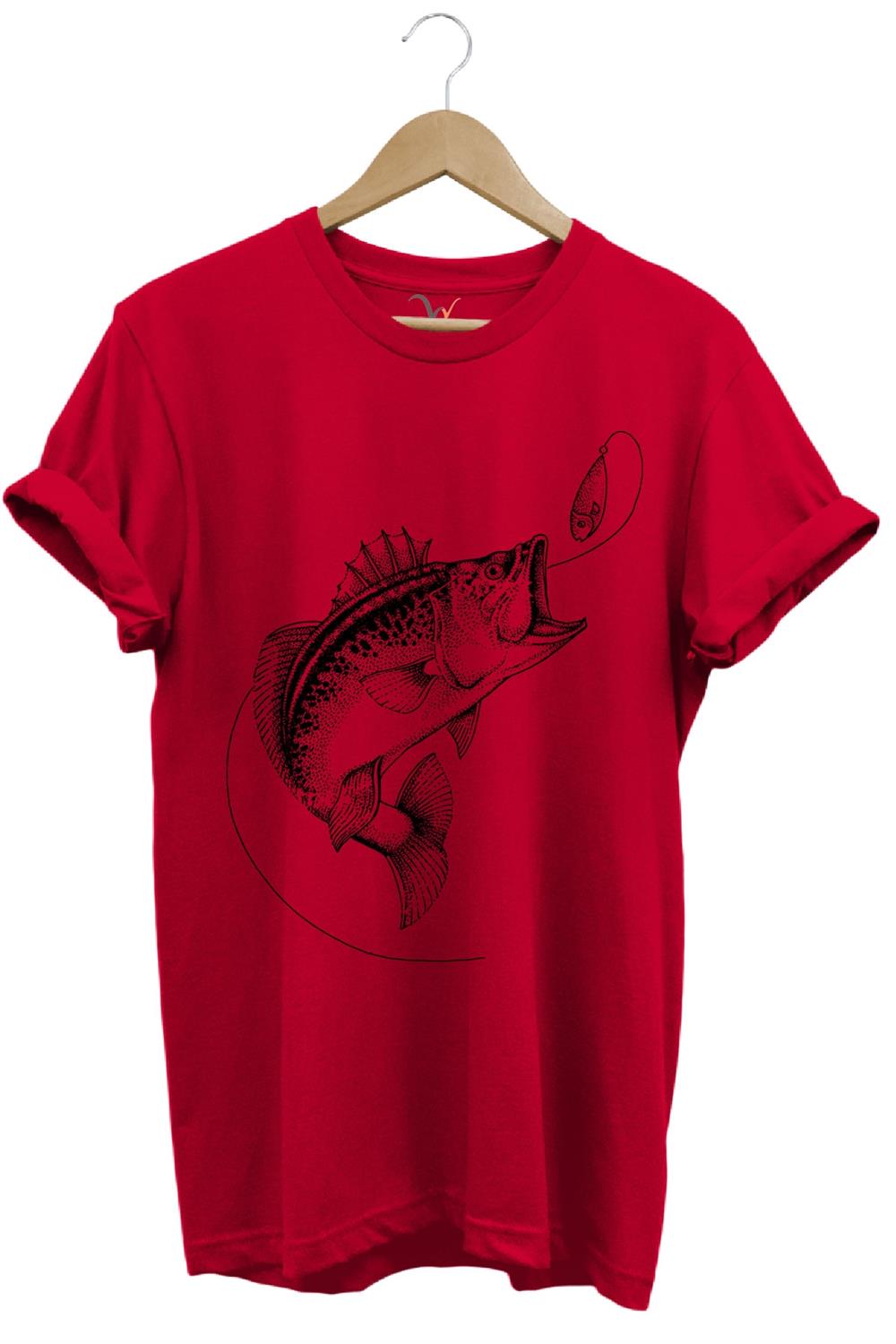 Fishing Balıkçılık Baskılı Yem Balıkçılığı Olta %100 Pamuk Bisiklet Yaka T-Shirt - Kırmızı