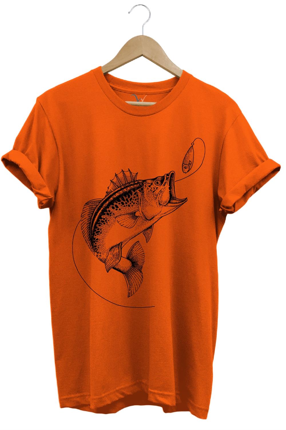 Fishing Balıkçılık Baskılı Yem Balıkçılığı Olta %100 Pamuk Bisiklet Yaka T-Shirt - Turuncu