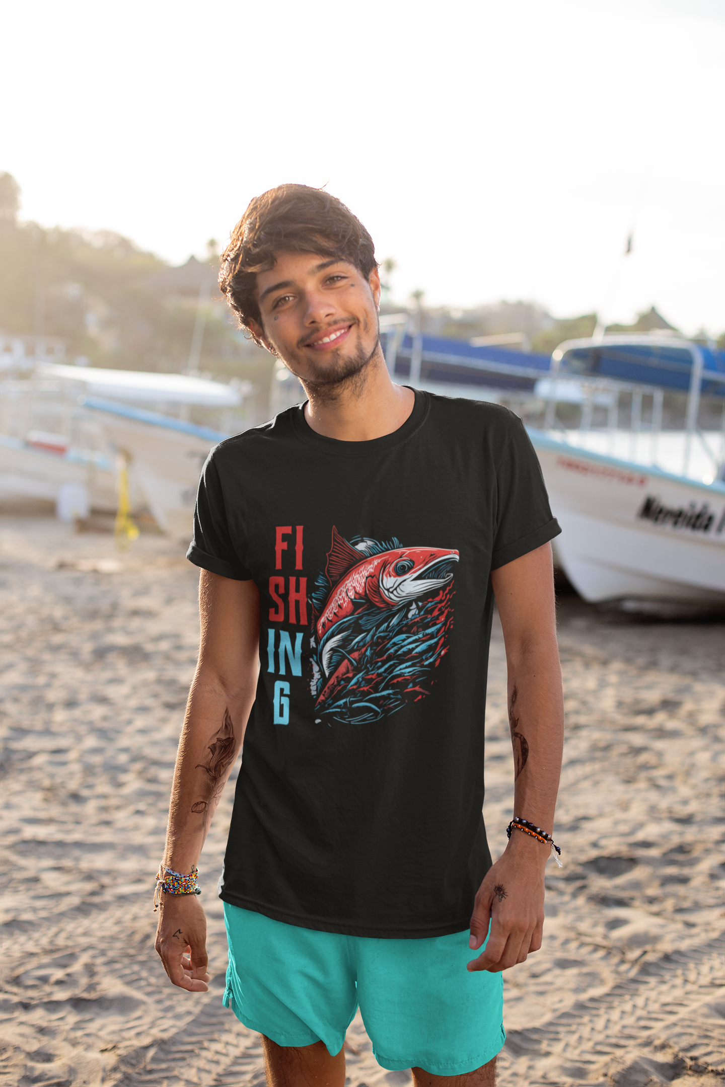 Fishing Balıkçılık Kırmızı Somon Balığı Baskılı %100 Pamuk Regular Fit T-Shirt - Siyah